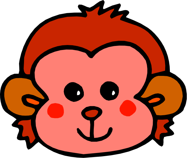 The image shows a cartoon monkey with red cheeks on its face, smiling at something offscreen to the left of itself in one frame, while looking directly forward towards us in another frame.
