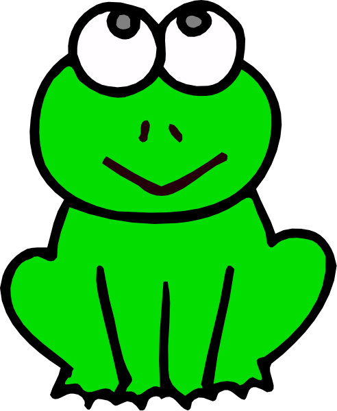 The image shows a cartoon frog sitting upright with its arms outstretched on either side of it against a black background.