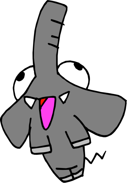 The image shows a cartoon elephant with big eyes peeking out from behind vertical bars against a dark background.
