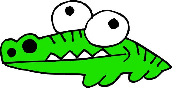 The image shows a cartoon alligator with an exaggerated smile featuring two sharp teeth on either side of its mouth, set against a black background.