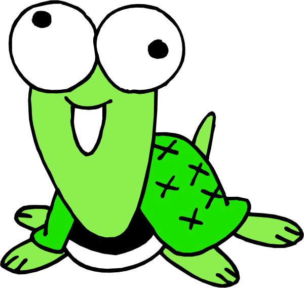 The image shows two cartoon turtles with exaggerated facial expressions; on the left is a green turtle looking surprised while sitting upright, and to its right stands another similar-looking but smaller turtle also in an alert posture against a black background.