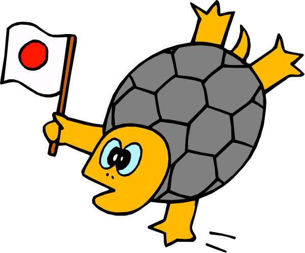 The image features a cartoon turtle holding an American flag while riding on top of another smaller tortoise that is also carrying flags from Japan and China.