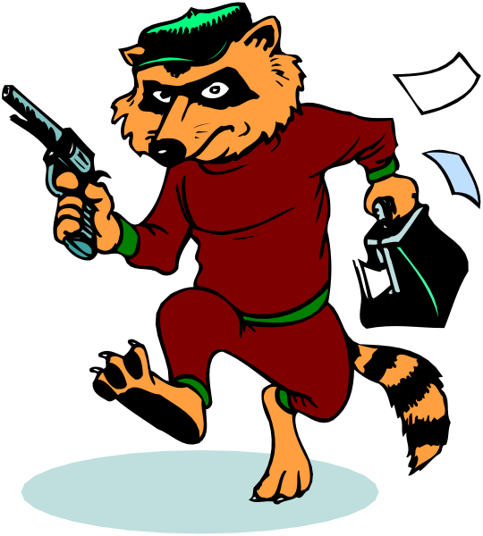 The cartoon depicts a raccoon dressed as Robin Hood with an arrow on its back running towards us while holding two guns in each hand.