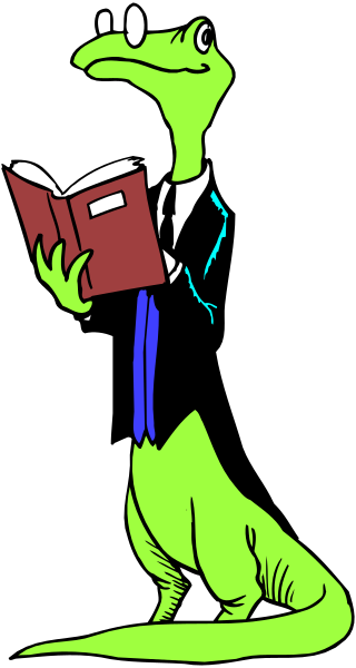 The cartoon shows a green dinosaur holding an open book with its left hand while standing on two legs against a black background.