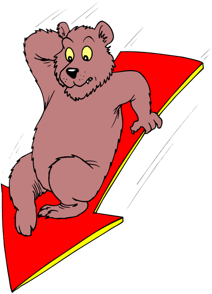 The cartoon depicts a bear sitting on top of an arrow pointing upwards with its paw resting over it's head in a relaxed manner against a black background.