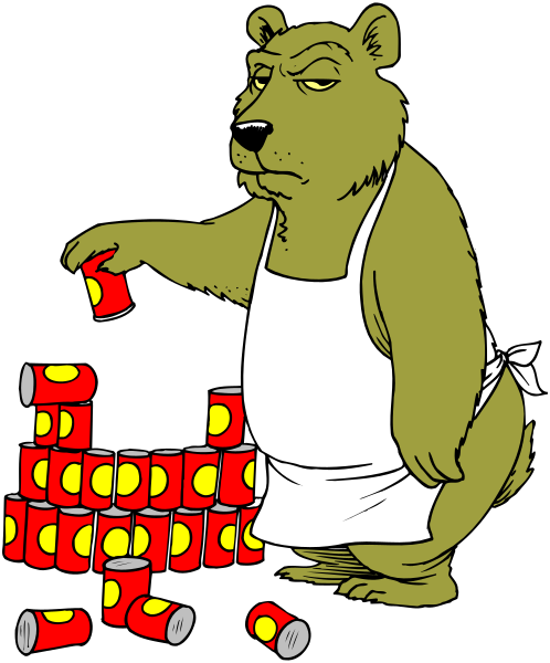 The cartoon depicts a bear dressed as an employee of a fast food restaurant holding cans that have been knocked over by another figure who is also depicted in this image but only partially visible at the bottom right corner, and there's no text present to provide additional context or information about what might be happening.