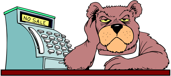 The cartoon depicts a bear sitting at an office desk with its paws on top of it, wearing glasses over eyes that appear to be closed in sleepiness; behind the bear is a cash register labeled "NO SALE" and another sign reading "SAFE."