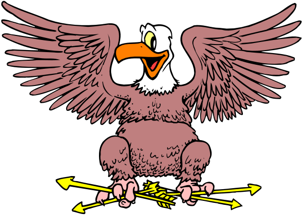 The image shows a cartoon eagle with an American flag motif on its wings standing next to two arrows pointing upwards.