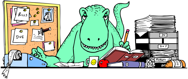 The cartoon depicts an animated dinosaur sitting at a desk with papers scattered around it, looking downward as if deep in thought; there is also a book on top of some stacks nearby.