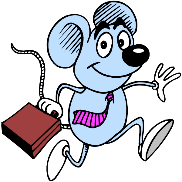 The cartoon depicts a blue mouse character running with an open book under its arm while holding onto what appears to be a briefcase in one hand.