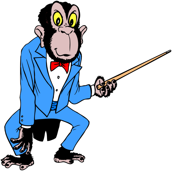 The cartoon features two monkeys: a standing male with an exaggeratedly large head holding a cane, dressed in formal attire including tuxedo jacket, bow tie, and top hat; next to him is another smaller female-looking monkey wearing glasses and leaning forward as if she's about to be hit by the first. They are set against a black background with no other objects or people visible.