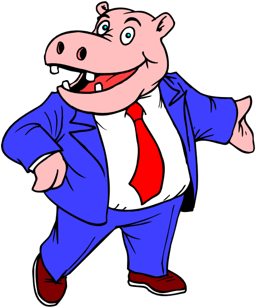 The cartoon depicts a pig wearing a suit with its arms outstretched as if walking confidently forward.