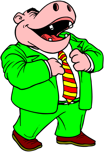 The cartoon shows a pig wearing a suit with its mouth wide open as if laughing while standing on two legs against a black background.