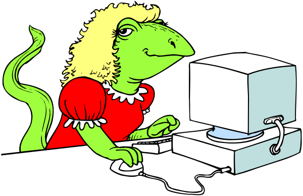 The cartoon shows a green frog with red hair sitting at an old computer monitor that is displaying text on its screen; next to it stands another character in a dress looking over her shoulder while typing into the machine, which appears to be a typewriter or printer due to visible paper and ink.