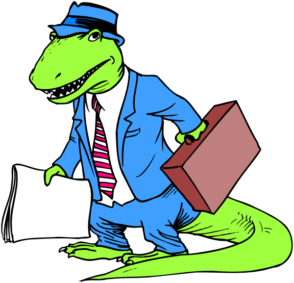 The cartoon depicts an anthropomorphic alligator dressed as a businessman carrying briefcase with papers sticking out of it while standing on two legs in front of what appears to be a newspaper stand.