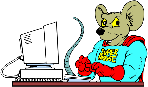 The image shows a cartoon mouse character sitting at a computer desk with its paw on top of it while looking upwards towards something off-screen; there is also text that reads "SUPER MOUSE" in bold, capital letters above the mouse's head and an exclamation mark.