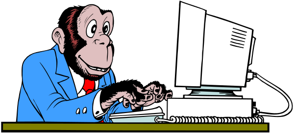 The image shows a cartoon of an animated monkey sitting at a desk with its hands on top of a computer keyboard in front of it; behind the monkey is another figure that appears to be typing into a document, and there's also a small dog lying down next to them both.