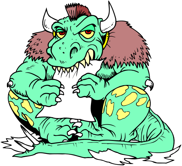 The cartoon depicts a green dinosaur sitting on its tail with an angry expression while holding up a piece of paper that says "I hate Mondays."