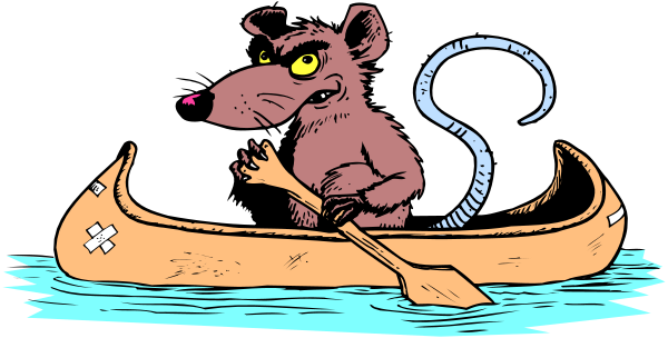 The image shows a cartoon of an anthropomorphic mouse riding on top of a canoe with paddles, navigating through water under what appears to be nighttime conditions.