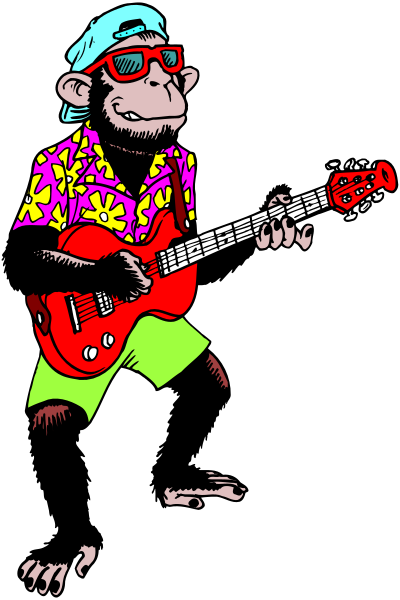 The image shows a cartoon monkey playing an electric guitar while wearing sunglasses with red frames and holding them on its head; it is dressed in colorful clothing including shorts adorned with flowers, a floral shirt, and a flowery bandana around its neck.