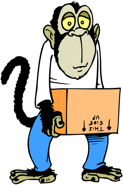 The cartoon shows a monkey standing upright on its hind legs holding an open cardboard box with "SOS" written in red letters inside it; behind him is another figure that appears to be humanoid, also depicted as male and wearing blue jeans, who has his arms outstretched towards the viewer.