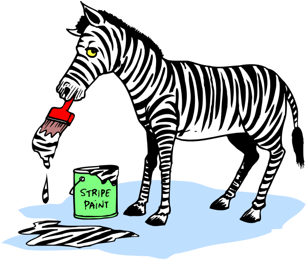 The black and white cartoon shows a zebra standing next to an open can of paint with its head inside it as if drinking from it; there's also another small container labeled "strip pain" on the ground nearby, suggesting that this is some sort of humorous or absurd scenario involving painting.