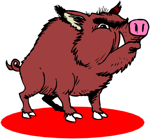 The black and white illustration shows two cartoon pigs standing on a red platform with spikes at their feet; both have large ears pointed upwards, expressive eyes looking forward, and one has its mouth open as if speaking while wearing an earring in each ear.
