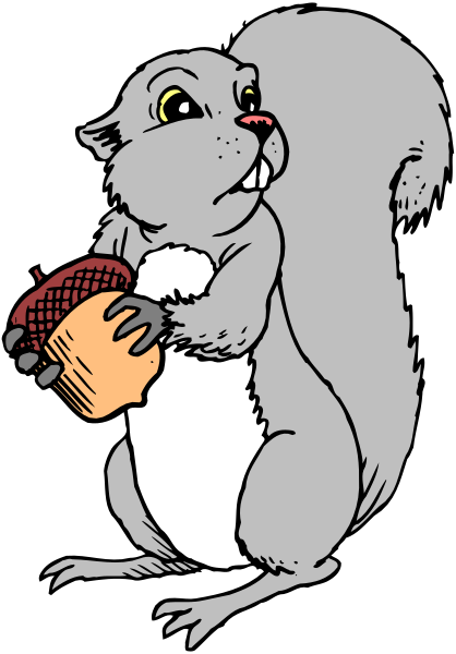 The cartoon shows a squirrel holding an acorn with its paws while standing on two legs against a black background.