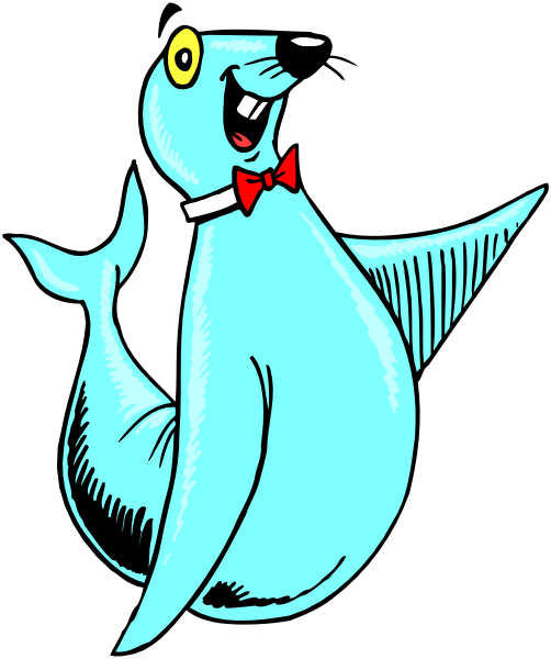 The cartoon features a blue whale with an exaggeratedly large smile standing upright on two legs like a humanoid figure in front of it.