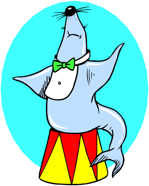 The cartoon features a whale character with an exaggeratedly large head wearing a chef's hat and holding what appears to be fish in its mouth while standing on fins that resemble legs; it is set against a blue background, possibly representing water.