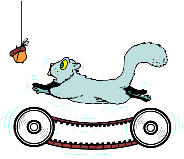The cartoon shows a squirrel riding on top of an automobile with wheels that have faces drawn onto them; it's swimming in water while holding what appears to be a fish above its head.