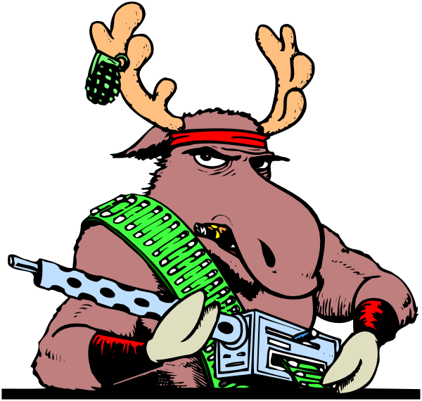 The cartoon depicts a moose character holding an assault rifle with crosshairs on its head while wearing sunglasses over eyes that appear to be closed in anger or concentration; it's also equipped with what looks like explosives strapped around waist and has bandages covering one leg.