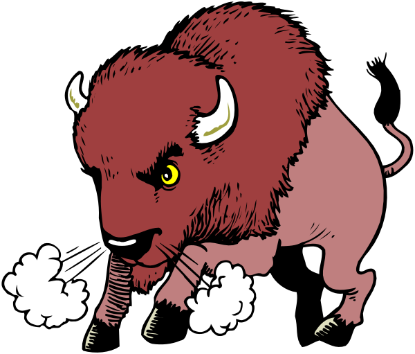 The image shows a cartoon buffalo with horns standing on two legs against a black background.