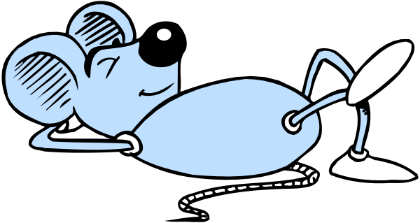 The cartoon shows a mouse with an antennae on its head lying down next to what appears to be a computer monitor displaying a picture of another mouse in front of it; there is also a small, simple depiction of a house and trees behind them.