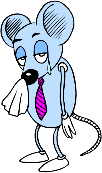 The cartoon depicts a blue mouse character with an exaggeratedly large head holding its nose while standing on two legs in front of what appears to be a black background.