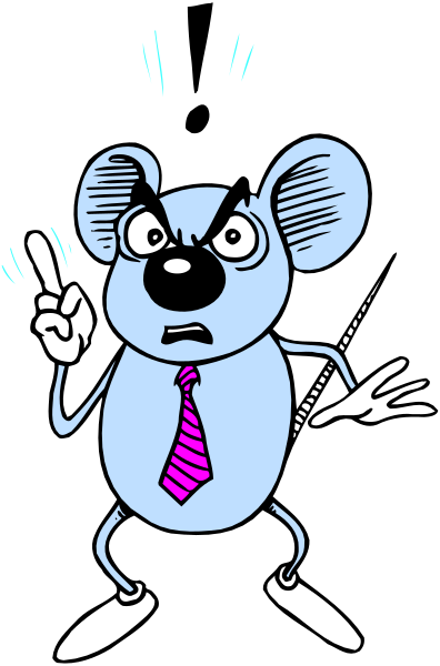 The cartoon shows a blue mouse with glasses pointing its finger upwards while standing on two legs against a black background; it appears to be in an animated state of surprise or shock due to something above it that is out of frame, and there's no text present.