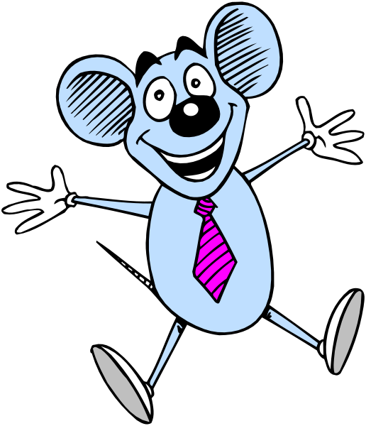 The cartoon depicts a blue mouse with humanoid features such as arms raised for joy, wearing glasses on its eyes, standing upright in front of black background; it has pink hair atop head, white teeth and tongue sticking out from mouth, smiling face showing two visible fangs, holding up right hand.