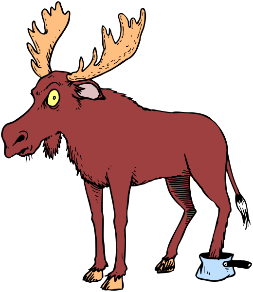 The image shows a cartoon of an animated red moose standing on two legs with its mouth open as if speaking to someone off-camera.