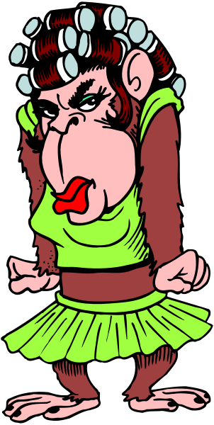 The image shows a cartoon monkey wearing an orange dress with white polka dots on it standing next to another monkey that is making faces at her while holding its hands up in front of itself as if gesturing, both set against a black background.