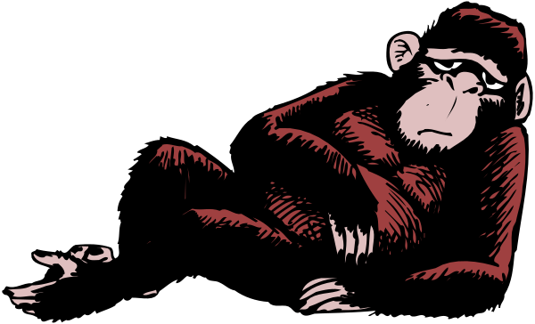The black and white illustration shows a monkey lying down with its arms wrapped around itself while wearing red clothing that resembles pajamas.