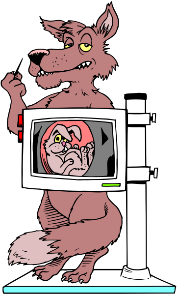 The cartoon shows a wolf standing on top of an x-ray machine with its paw pointing at it while holding up two fingers in front of its face as if making devil horns; there's also another image within this one, which is that of a humanoid figure wearing glasses and looking surprised.