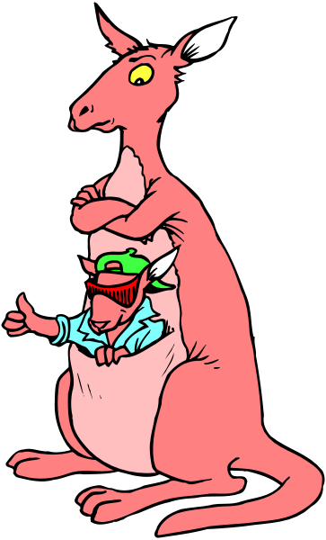 The image shows a cartoon of an anthropomorphic pink kangaroo with two arms holding another smaller animal that appears to be in distress while standing on its hind legs next to it; both characters have exaggerated facial expressions and appear to be indoors, possibly within a room or enclosure.