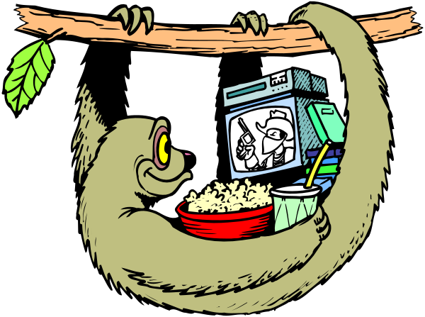The cartoon shows a monkey sitting on top of an open umbrella with various items around it: bowls filled with food like bananas and carrots; boxes that resemble TVs showing different channels, one featuring what appears to be news or sports coverage while another seems to depict cooking programs. There's also a small red bowl next to the monkey on its left side of the umbrella frame. The background is dark with some indistinct shapes and lines suggesting an outdoor setting at nighttime.
