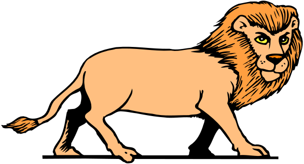 The black and white illustration shows a cartoon lion standing upright on its hind legs with an exaggeratedly large head in comparison to its body.