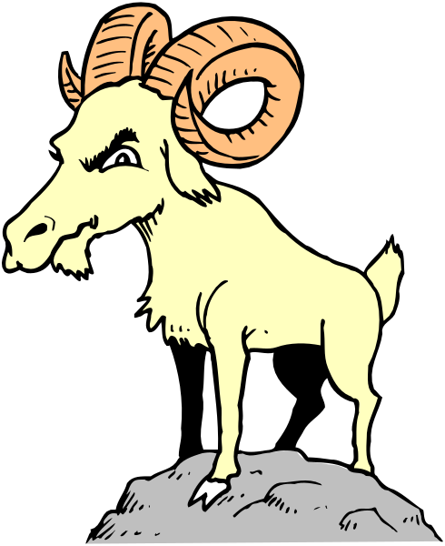 The image shows a cartoon of an animal that resembles a goat with large horns standing on two legs in front of what appears to be rocks at nighttime under a dark sky.