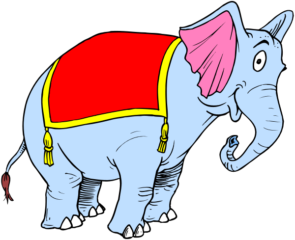 The cartoon shows an elephant with a red blanket on its back standing next to another smaller animal that appears to be eating something off of it.