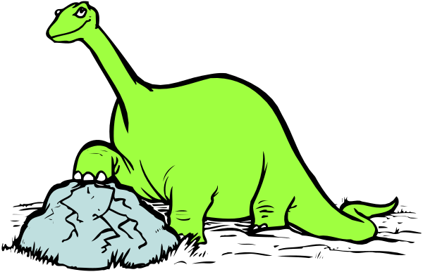 The image shows a cartoon of an adult dinosaur standing next to its baby with rocks around them on what appears to be a dark background.