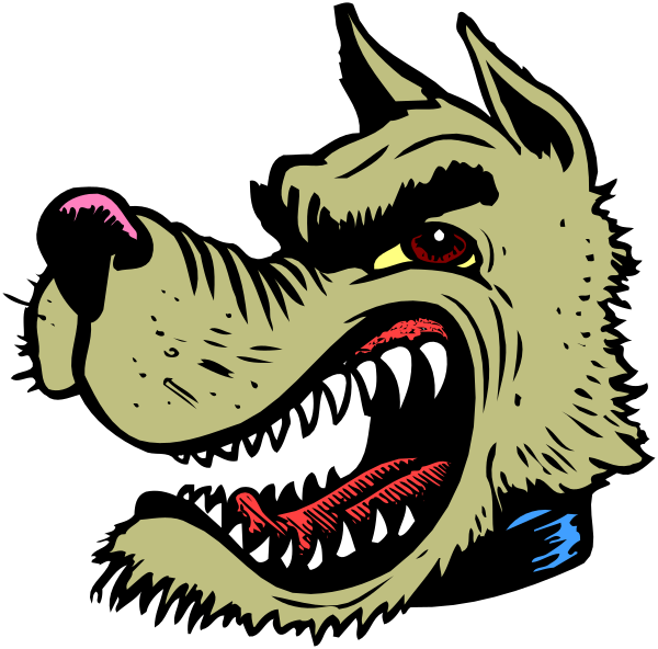 The image shows a cartoon of an animated dog with its mouth open wide as if growling or barking at something off-screen.