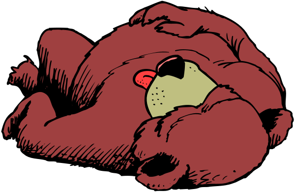 The cartoon shows a large red bear lying down with its head resting on an unseen surface; it has two small ears sticking up from either side of its round face.