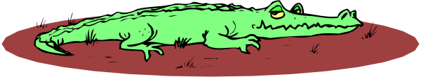The image shows a cartoon alligator lying on its back inside an oval frame with red borders that resembles blood splatters around it.